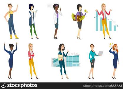 Business woman, stewardess, doctor, farmer set. Farmer pointing finger up, business woman using mobile phone, showing diploma. Set of vector flat design illustrations isolated on white background.. Business woman, stewardess, doctor profession set.
