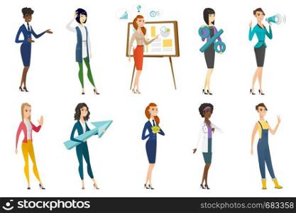 Business woman, stewardess, doctor, farmer set. Farmer showing peace gesture, thoughtful business woman scratching head. Set of vector flat design illustrations isolated on white background.. Business woman, stewardess, doctor profession set.