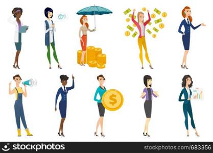 Business woman, stewardess, doctor, farmer set. Farmer speaking in loudspeaker, business woman showing coin, doctor with clipboard. Set of vector flat design illustrations isolated on white background. Business woman, stewardess, doctor profession set.