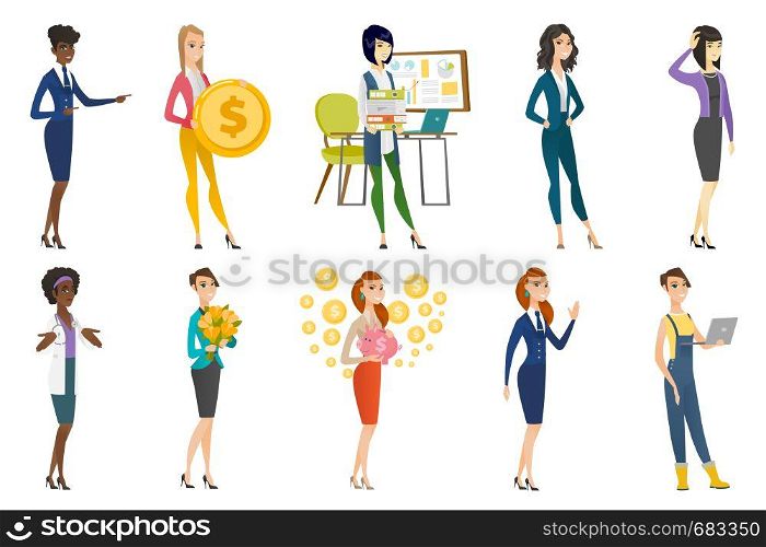 Business woman, stewardess, doctor, farmer set. Farmer using a laptop, stewardess waving hand, doctor shrugging her shoulders. Set of vector flat design illustrations isolated on white background.. Business woman, stewardess, doctor profession set.