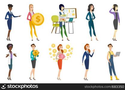 Business woman, stewardess, doctor, farmer set. Farmer using a laptop, stewardess waving hand, doctor shrugging her shoulders. Set of vector flat design illustrations isolated on white background.. Business woman, stewardess, doctor profession set.