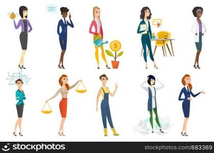 Business woman, stewardess, doctor, farmer set. Stewardess laughing, gesturing, business woman during process of business thinking. Set of vector flat design illustrations isolated on white background. Business woman, stewardess, doctor profession set.