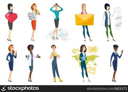 Business woman, stewardess, doctor, farmer set. Stewardess showing okay gesture, waving hand, pharmacist giving pills and water. Set of vector flat design illustrations isolated on white background.. Business woman, stewardess, doctor profession set.