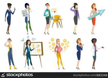 Business woman, stewardess, doctor, farmer set. Stewardess showing peace gesture, using mobile phone, farmer scratching head. Set of vector flat design illustrations isolated on white background.. Business woman, stewardess, doctor profession set.