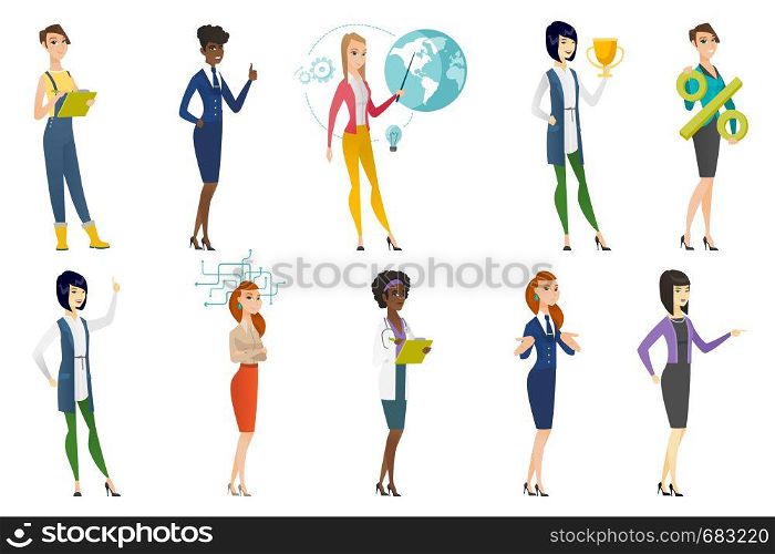 Business woman, stewardess, doctor, farmer set. Stewardess shrugging shoulders, giving thumb up, doctor writing prescription. Set of vector flat design illustrations isolated on white background.. Business woman, stewardess, doctor profession set.