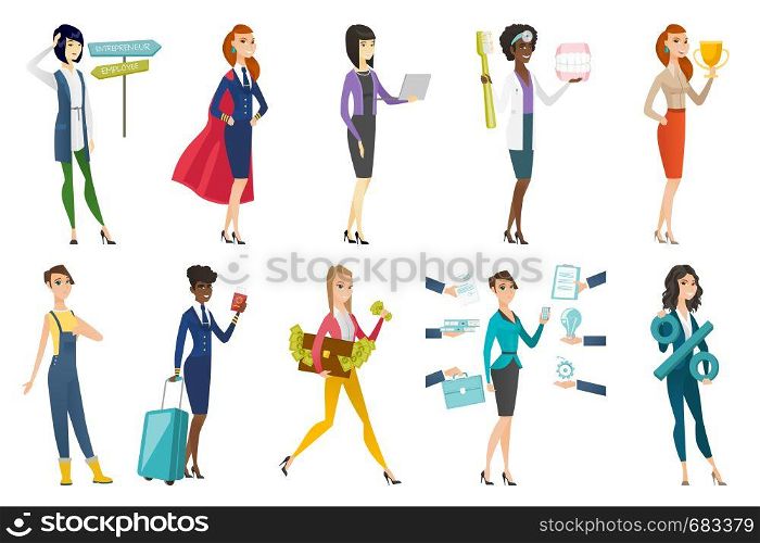 Business woman, stewardess, doctor, farmer set. Woman choosing between entrepreneur and employee career, dentist with toothbrush. Set of vector flat design illustrations isolated on white background.. Business woman, stewardess, doctor profession set.