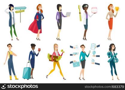 Business woman, stewardess, doctor, farmer set. Woman choosing between entrepreneur and employee career, dentist with toothbrush. Set of vector flat design illustrations isolated on white background.. Business woman, stewardess, doctor profession set.