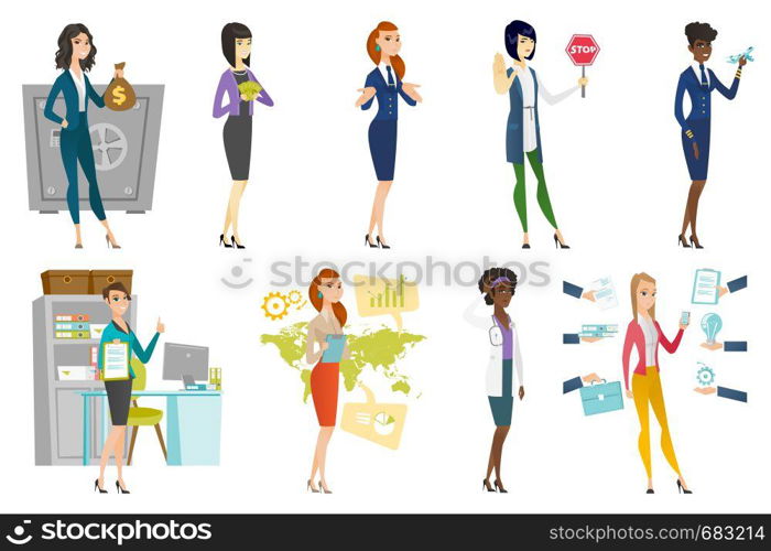 Business woman, stewardess, doctor set. Business woman putting money in safe, holding stop traffic sign and other scenes. Set of vector flat design illustrations isolated on white background.. Business woman, stewardess, doctor profession set.