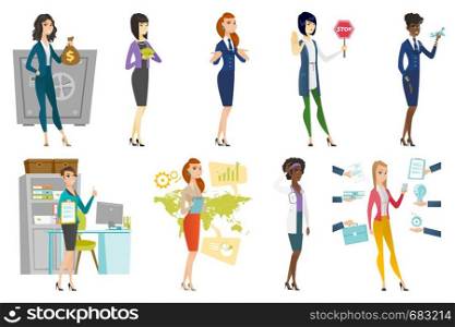 Business woman, stewardess, doctor set. Business woman putting money in safe, holding stop traffic sign and other scenes. Set of vector flat design illustrations isolated on white background.. Business woman, stewardess, doctor profession set.