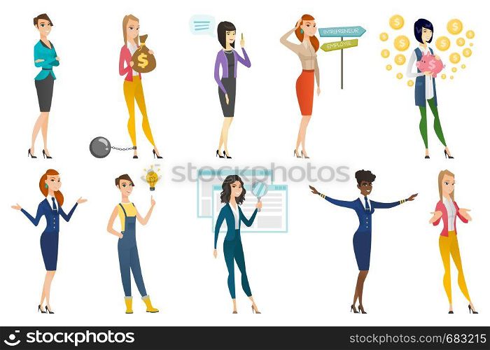 Business woman, stewardess, farmer set. Business woman holding magnifying glass, piggy bank, choosing career and other scenes. Set of vector flat design illustrations isolated on white background.. Business woman, stewardess, doctor profession set.