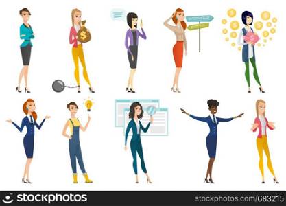 Business woman, stewardess, farmer set. Business woman holding magnifying glass, piggy bank, choosing career and other scenes. Set of vector flat design illustrations isolated on white background.. Business woman, stewardess, doctor profession set.