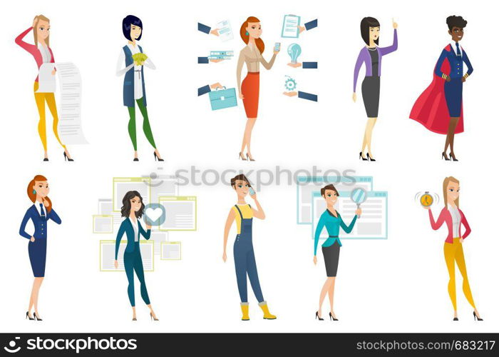 Business woman, stewardess, farmer set. Business woman presenting report, showing money, holding alarm clock and other scenes. Set of vector flat design illustrations isolated on white background.. Business woman, stewardess, doctor profession set.