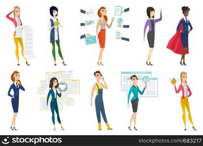 Business woman, stewardess, farmer set. Business woman presenting report, showing money, holding alarm clock and other scenes. Set of vector flat design illustrations isolated on white background.. Business woman, stewardess, doctor profession set.