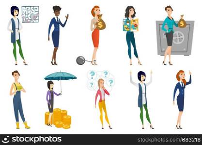 Business woman, stewardess, farmer set. Insurance agent protecting money, business woman reading magazine and other scenes. Set of vector flat design illustrations isolated on white background.. Business woman, stewardess, doctor profession set.