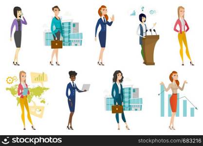 Business woman, stewardess set. Business woman standing on the background of world map, talking on mobile phone and other scenes. Set of vector flat design illustrations isolated on white background.. Business woman, stewardess, doctor profession set.