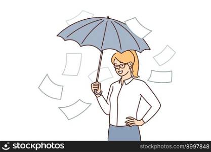 Business woman take refuge with umbrella from falling documents hiding from paperwork and bureaucracy. girl manager is hiding not wanting to do paperwork or collect documents for running own business. Business woman take refuge with umbrella from falling documents hiding from paperwork