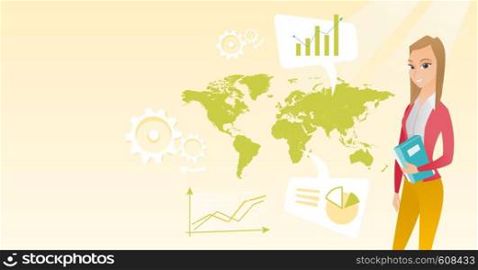 Business woman taking part in global business. Businesswoman standing on the background of map. Global business and business globalization concept. Vector flat design illustration. Horizontal layout.. Business woman working in global business.