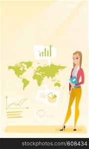 Business woman taking part in global business. Businesswoman standing on the background of map. Global business and business globalization concept. Vector flat design illustration. Vertical layout.. Business woman working in global business.