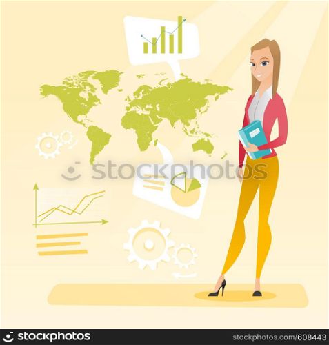 Business woman taking part in global business. Businesswoman standing on the background of world map. Global business and business globalization concept. Vector flat design illustration. Square layout. Business woman working in global business.