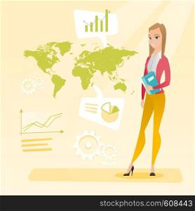 Business woman taking part in global business. Businesswoman standing on the background of world map. Global business and business globalization concept. Vector flat design illustration. Square layout. Business woman working in global business.