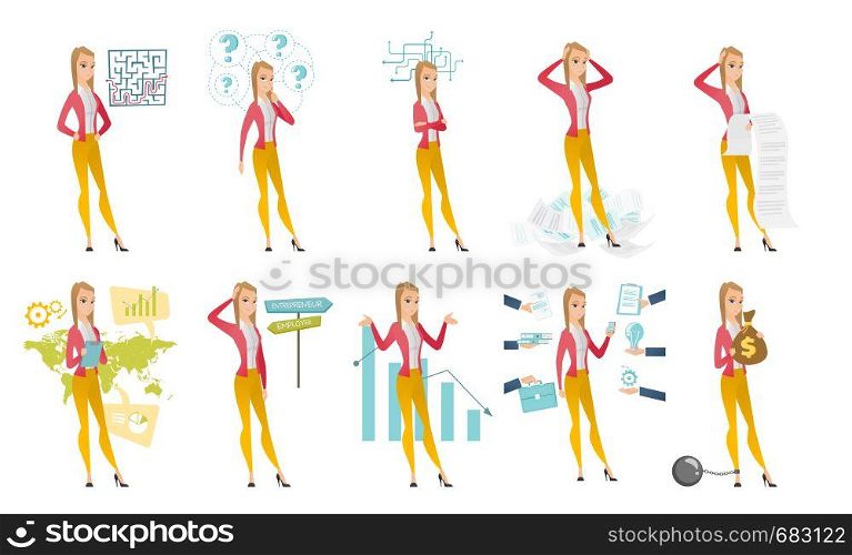 Business woman taking part in global business. Businesswoman standing on the background of world map. Global business concept. Set of vector flat design illustrations isolated on white background.. Vector set of illustrations with business people.