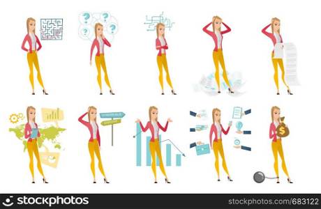 Business woman taking part in global business. Businesswoman standing on the background of world map. Global business concept. Set of vector flat design illustrations isolated on white background.. Vector set of illustrations with business people.