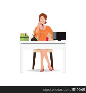 Business woman talking on the phone in office isolated on white, Interior office room, office desk, character flat design vector illustration.
