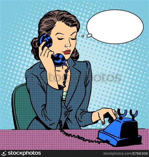 Business woman talking phone. Business woman talking phone. Businesswoman in the office. Retro pop art style