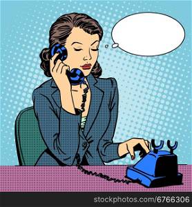 Business woman talking phone. Business woman talking phone. Businesswoman in the office. Retro pop art style
