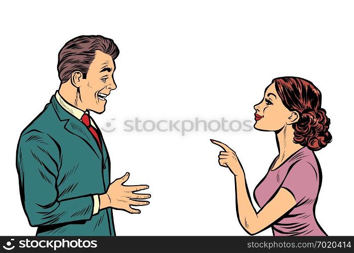 business woman talking to businessman. Pop art retro vector illustration kitsch vintage. business woman talking to businessman
