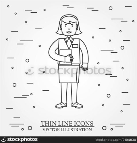 Business woman. Thin line icon for web and mobile, modern minimalist flat design. Vector dark grey on light grey background. Business woman holding folder with documents.. Business woman holding folder with documents.