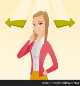 Business woman thinking about solution of business problem. Businesswoman with two arrows symbolizing business solution. Business solution concept. Vector flat design illustration. Square layout.. Woman choosing career way or business solution.