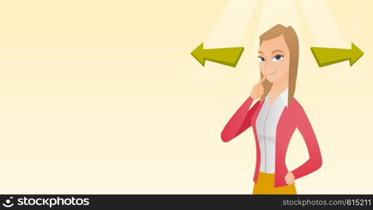 Business woman thinking about solution of business problem. Businesswoman with two arrows symbolizing business solution. Business solution concept. Vector flat design illustration. Horizontal layout.. Woman choosing career way or business solution.