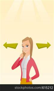 Business woman thinking about solution of business problem. Businesswoman with two arrows symbolizing business solution. Business solution concept. Vector flat design illustration. Vertical layout.. Woman choosing career way or business solution.