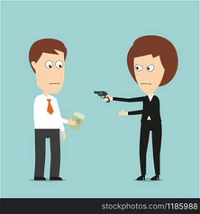Business woman threatening with a gun and extorts money from colleague, for extortion or blackmail concept design. Cartoon flat style. Business woman extorts money with a gun