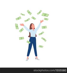 Business woman throwing cash up flat color vector faceless character. Successful lady. Financial achievement. Female millionaire isolated cartoon illustration for web graphic design and animation. Business woman throwing cash up flat color vector faceless character