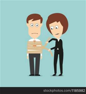Business woman tying up businessman with rough rope, for control or limitation of authority concept design. Cartoon flat style. Business woman tying up businessman