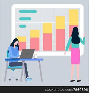 Business woman typing on notebook and broker investigating graphs and charts cartoon style people. Vector agents collaboration, investment company. Business Woman Type on Notebook Broker Investigate