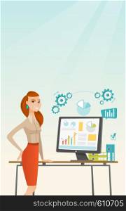 Business woman using computer for making report. Woman making business presentation on computer. Businesswoman demonstrating report on computer screen. Vector flat design illustration. Vertical layout. Business woman making presentation on computer.
