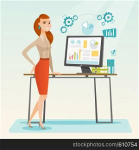 Business woman using computer for making report. Woman making business presentation on computer. Businesswoman demonstrating report on a computer screen. Vector flat design illustration. Square layout. Business woman making presentation on computer.