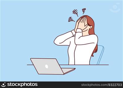 Business woman using laptop experiencing stress after making mistake or sending email to wrong recipient. Girl manager in business clothes suffers from stress associated with professional burnout. Business woman using laptop experiencing stress after sending email to wrong recipient
