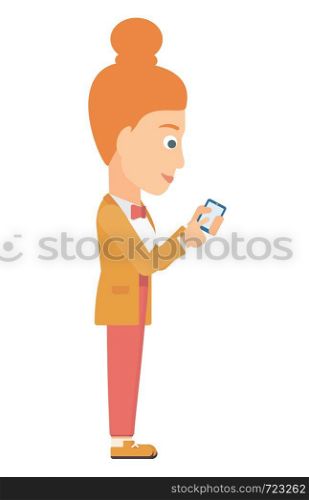 Business woman using mobile phone vector flat design illustration isolated on white background. . Business woman using mobile phone