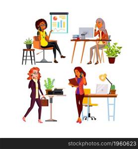 Business Woman Using Smartphone Gadget Set Vector. Businesswoman Use Smartphone Digital Device For Communicate With Partner And Colleague. Characters Communicate On Phone Flat Cartoon Illustrations. Business Woman Using Smartphone Gadget Set Vector