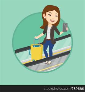 Business woman using smartphone on escalator in airport. Woman standing on escalator with suitcase and looking at mobile phone. Vector flat design illustration in the circle isolated on background.. Woman using smartphone on escalator in airport.