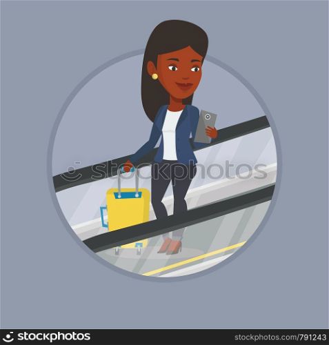Business woman using smartphone on escalator in airport. Woman standing on escalator with suitcase and looking at mobile phone. Vector flat design illustration in the circle isolated on background.. Woman using smartphone on escalator in airport.