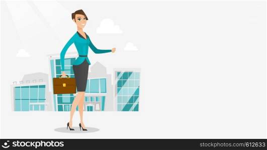 Business woman walking in the city street. Business woman walking down the street. Business woman walking to the success. Business success concept. Vector flat design illustration. Horizontal layout.. Successful business woman walking in the city.