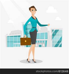 Business woman walking in the city street. Business woman walking down the street. Business woman walking to the success. Business success concept. Vector flat design illustration. Square layout.. Successful business woman walking in the city.