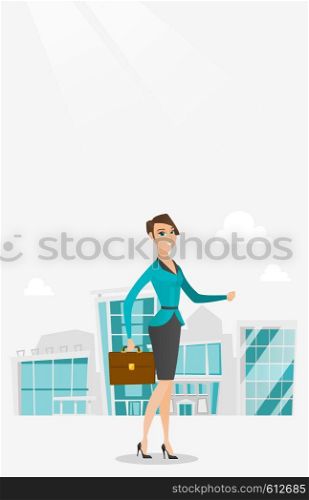 Business woman walking in the city street. Business woman walking down the street. Business woman walking to the success. Business success concept. Vector flat design illustration. Vertical layout.. Successful business woman walking in the city.