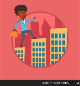 Business woman walking on the roofs of city buildings. Woman walking on the roofs of skyscrapers. Woman walking to the success. Vector flat design illustration in the circle isolated on background.. Business woman walking on the roofs of buildings.