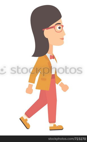 Business woman walking vector flat design illustration isolated on white background. . Business woman walking